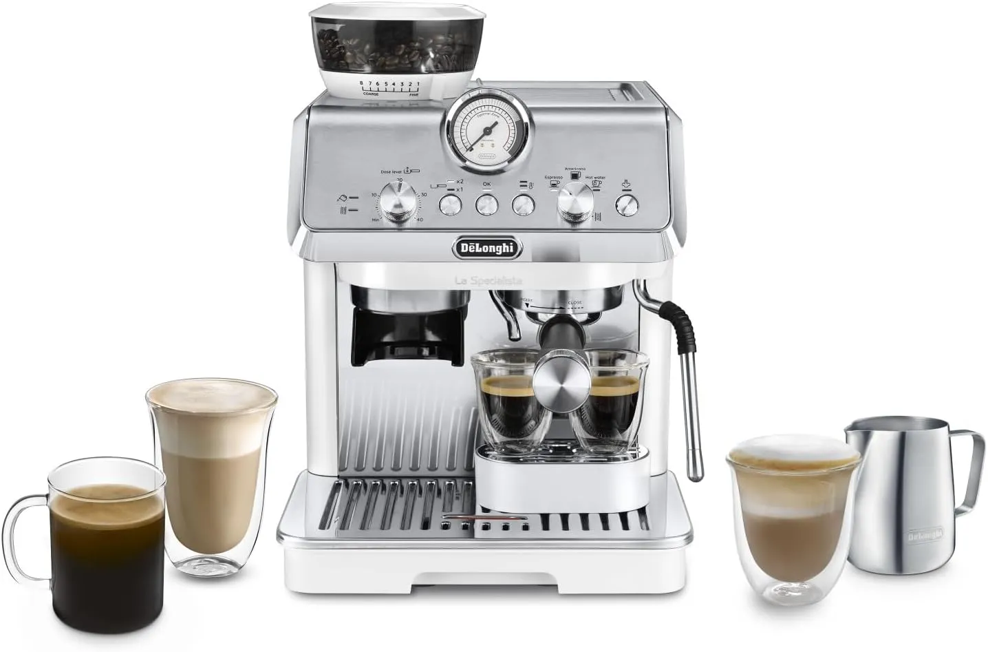 Bild von De'Longhi La Specialista Arte EC9155.W Siebträgermaschine mit Mahlwerk, 15 Bar Druck, 8 Mahlgraden, Milchschaumdüse und 1,5 l Wassertank, inklusive Barista-Kit