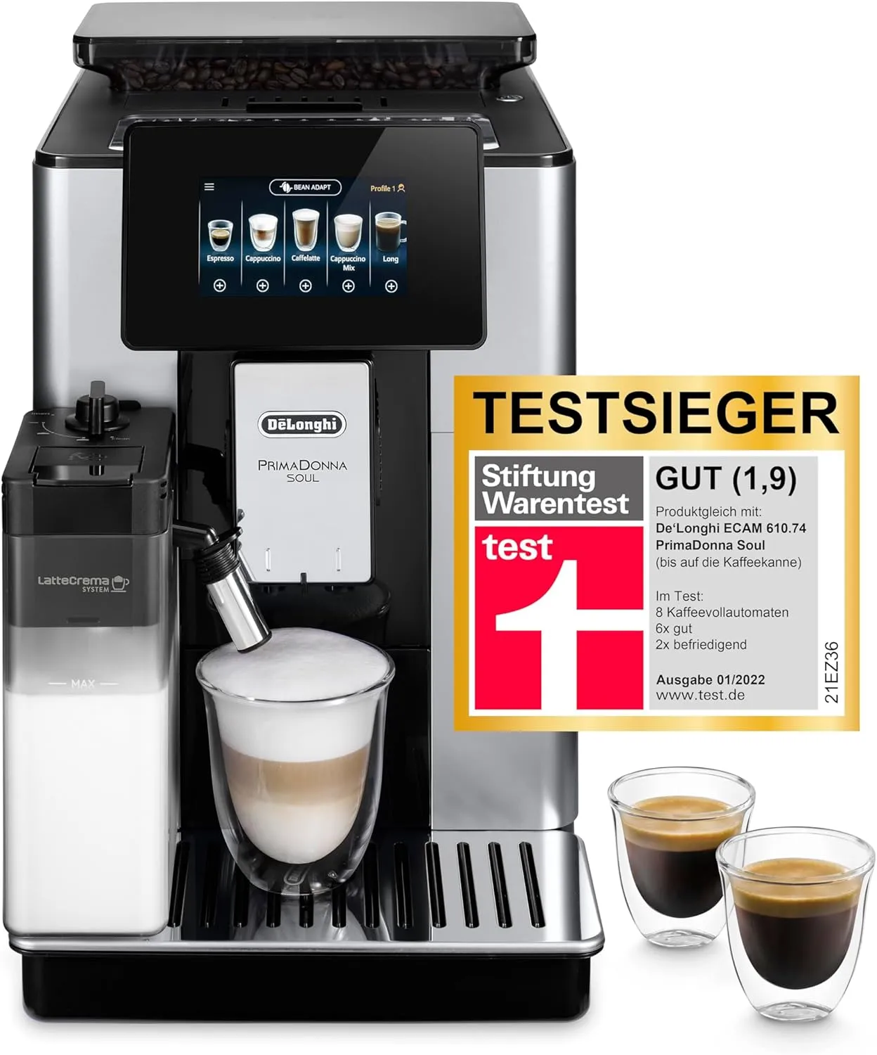 Bild von De'Longhi PrimaDonna Soul ECAM 612.55.SB Kaffeevollautomat mit LatteCrema und App-Steuerung in Silber und Schwarz