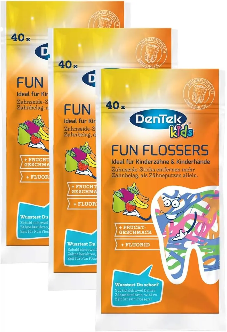 Bild von Dentek Fun Flossers Kids Zahnseide-Sticks für Kinder mit Fruchtgeschmack, rutschfester Griff, 120 Stück in bunten Farben