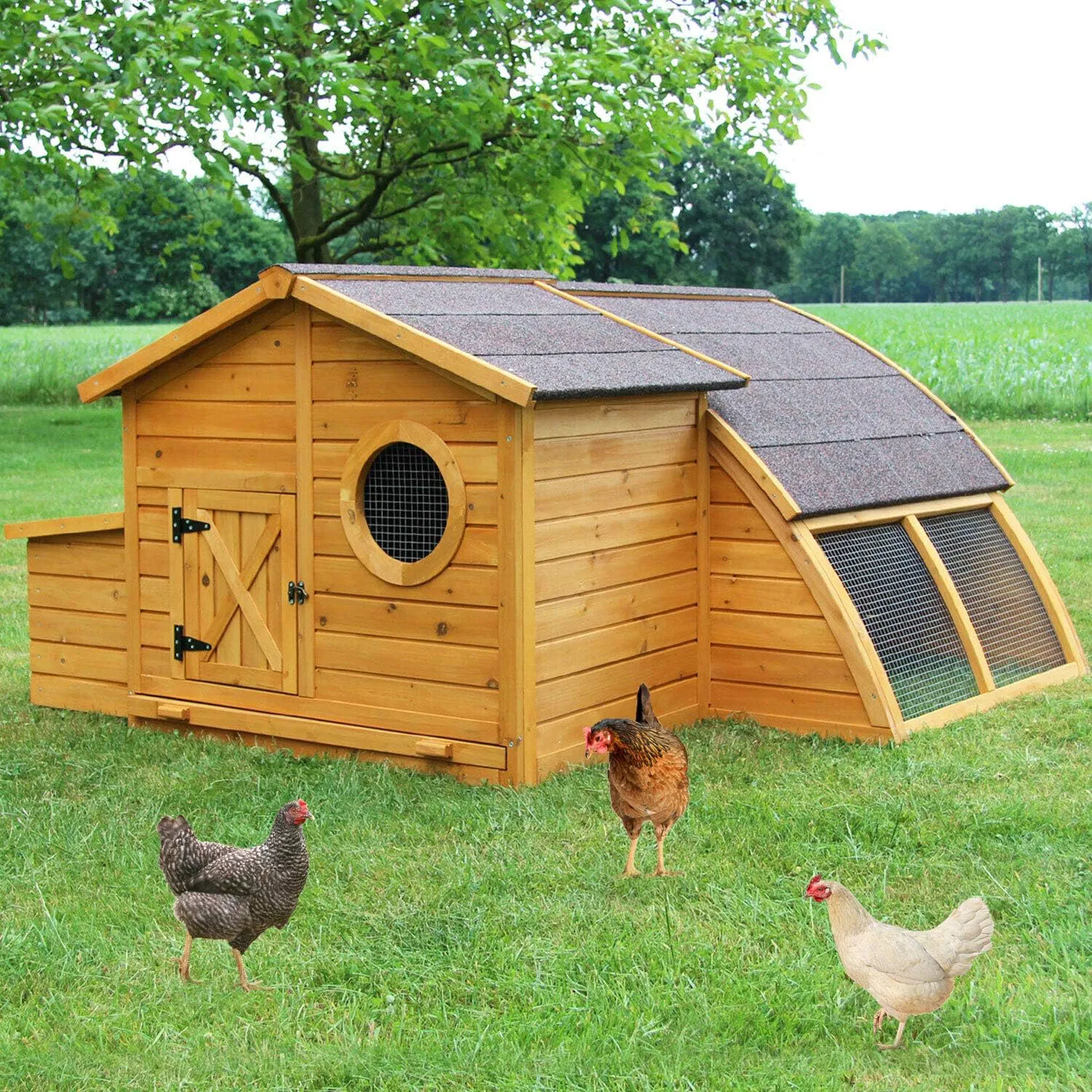 Bild von Design Hühnerstall aus massivem Vollholz mit Bullaugen und Nistkasten