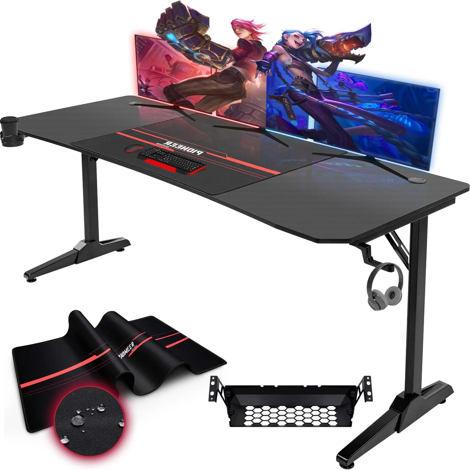 Bild von Devoko Gaming Tisch in Schwarz mit einer Größe von 180 x 70 x 75 cm, ergonomisch gestaltet und ausgestattet mit Kabelaufbewahrungsbox, Getränkehalter und Kopfhörerhalter