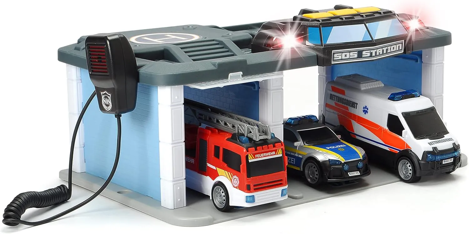 Bild von Dickie Toys SOS Rettungsstation mit Polizei, Feuerwehr und Krankenwagen, inklusive Licht und Sound, Mikrofon und Lautsprecher, 31x22x16 cm
