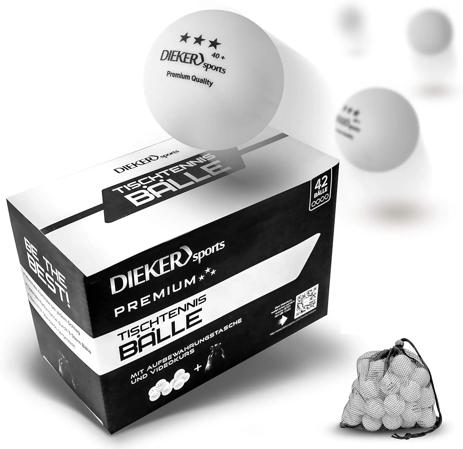 Bild von Dieker Sports Premium Tischtennisbälle 3 Stern im Set mit 12, 42 oder 100 Stück, inklusive Videokurs und nach ITTF Turnierstandard