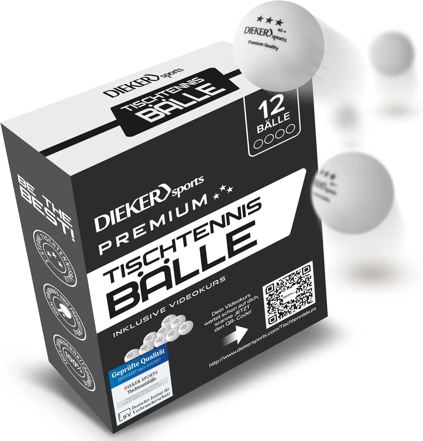 Bild von Dieker Sports Premium Tischtennisbälle 3 Stern im Set mit 12, 42 oder 100 Stück, nach ITTF Turnierstandard, inklusive Videokurs für Outdoor-Nutzung