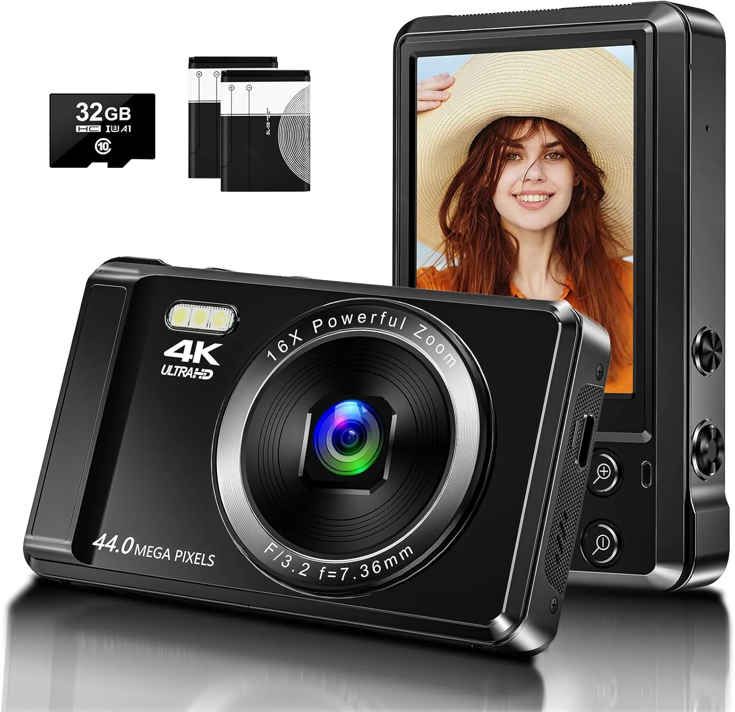 Bild von Digitalkamera mit 44 MP und 16-fachem Digitalzoom, kompakt und wiederaufladbar, inklusive 32 GB Speicherkarte