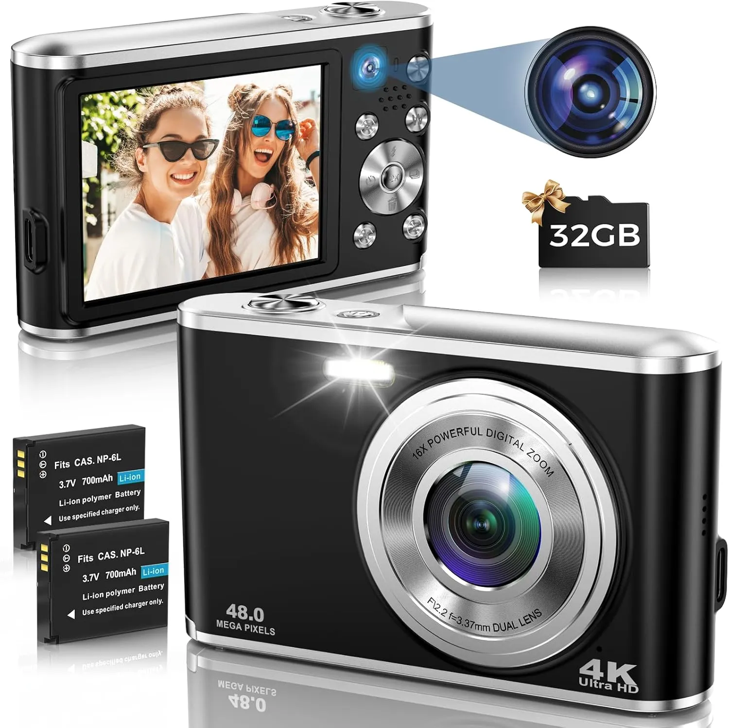 Bild von Digitalkamera mit 48 MP, 4K AutoFocus, Dual-Kamera und 32 GB Speicherkarte, 16-fachem Digitalzoom und 2,8 Zoll Bildschirm für Einsteiger in Schwarz