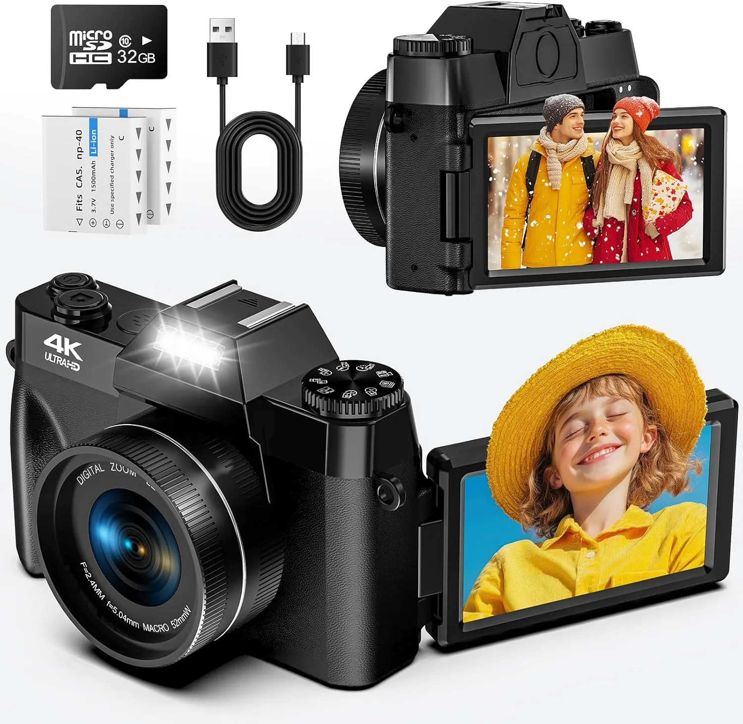 Bild von Digitalkamera mit 56 MP und 4K, 3 Zoll Flip Bildschirm, 16-fachem Autofokus, inklusive 32 GB SD Karte und zwei 1500 mAh Batterien für Anfänger und Familien
