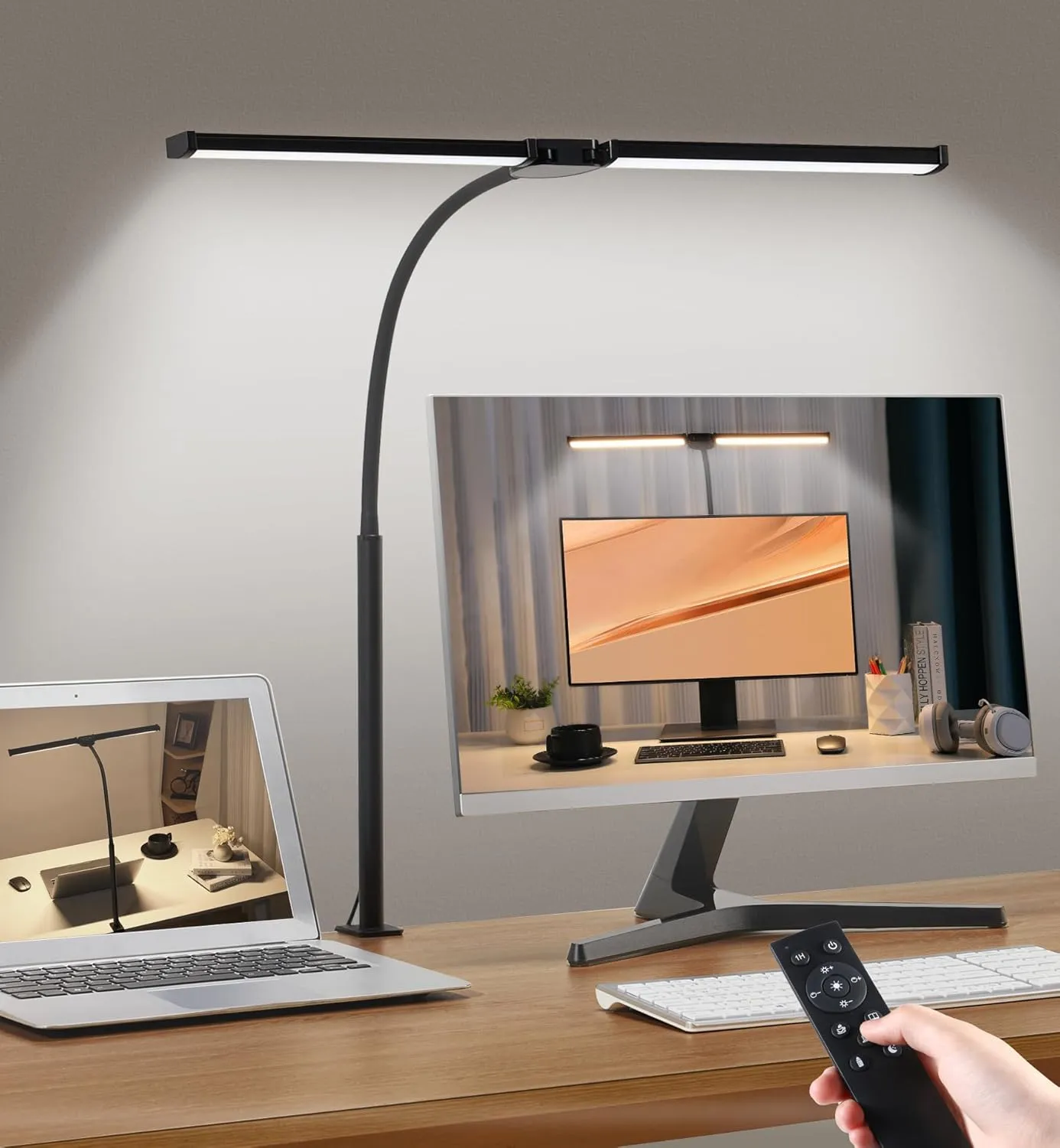 Bild von Dimmbare LED Schreibtischlampe mit Klemmfunktion und Fernbedienung in Schwarz, 5 Farben und 5 Helligkeitsstufen, inklusive Speicherfunktion