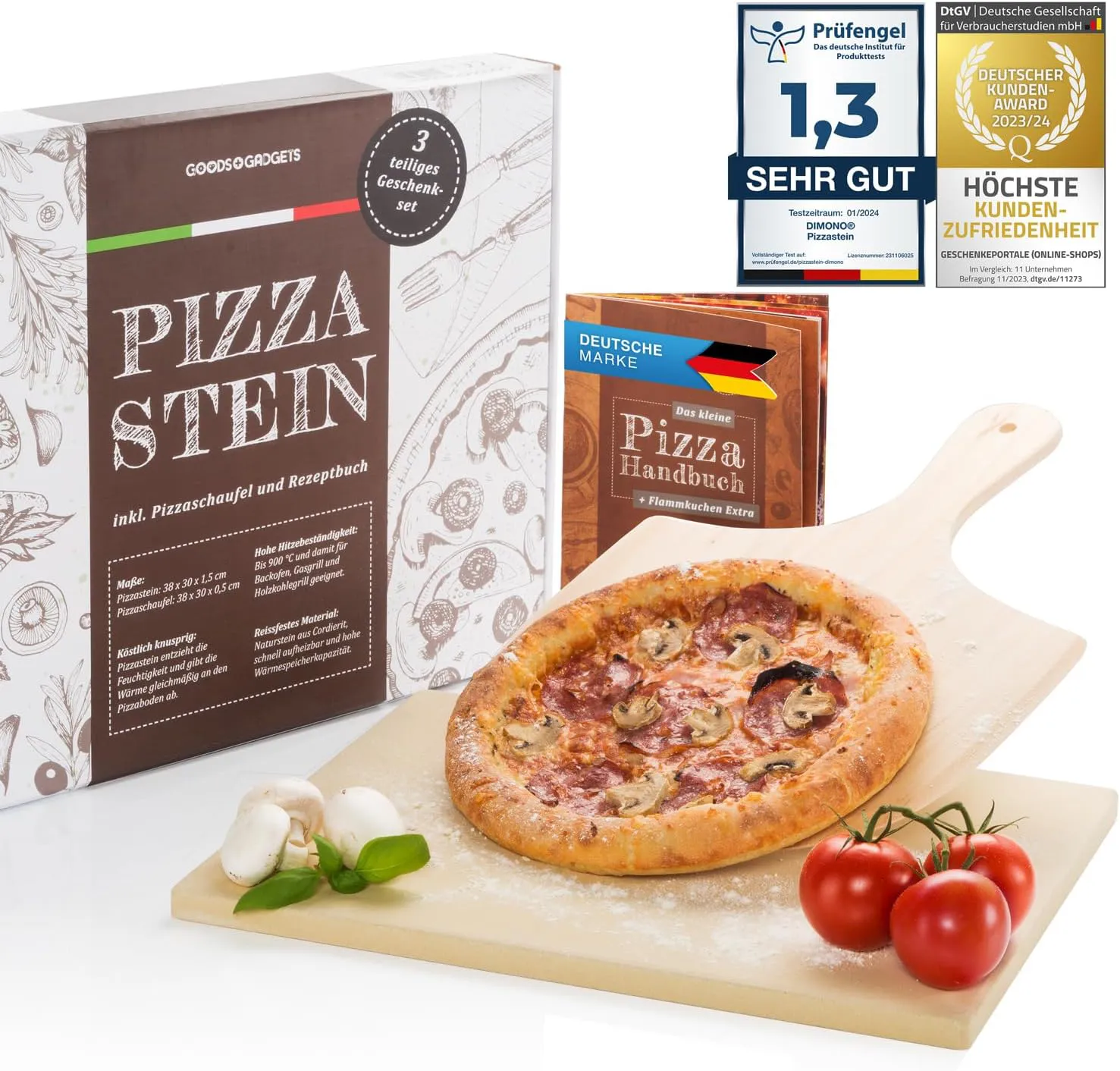 Bild von Dimono Pizzastein und Pizzaschieber Set aus Cordierit, 3-teilig mit Backstein, Pizzaschaufel und Handbuch