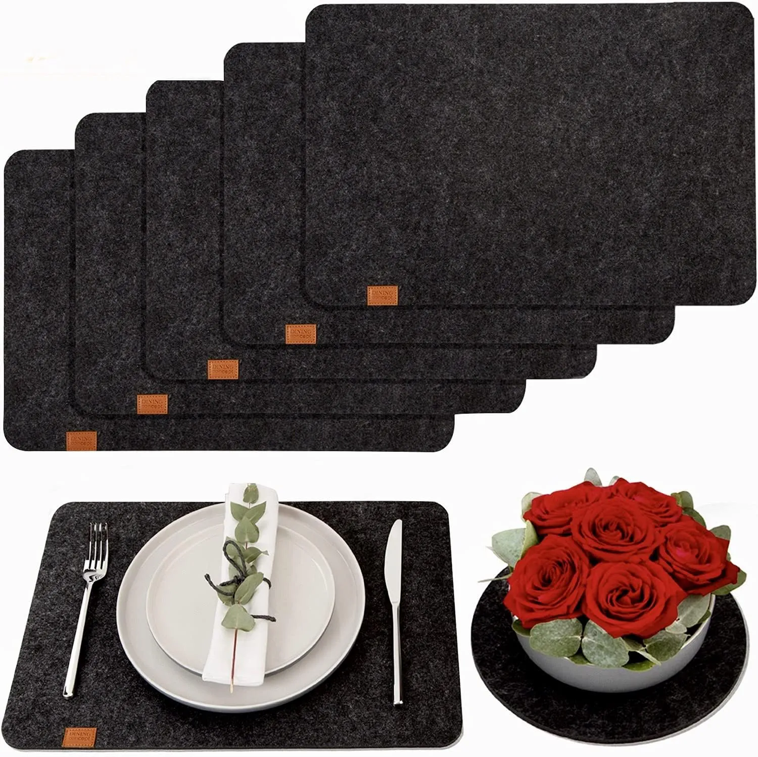 Bild von DINING concept Premium Tischset aus abwaschbarem und rutschfestem Filz in Anthrazit, 6 Stück mit gratis Deko Untersetzer