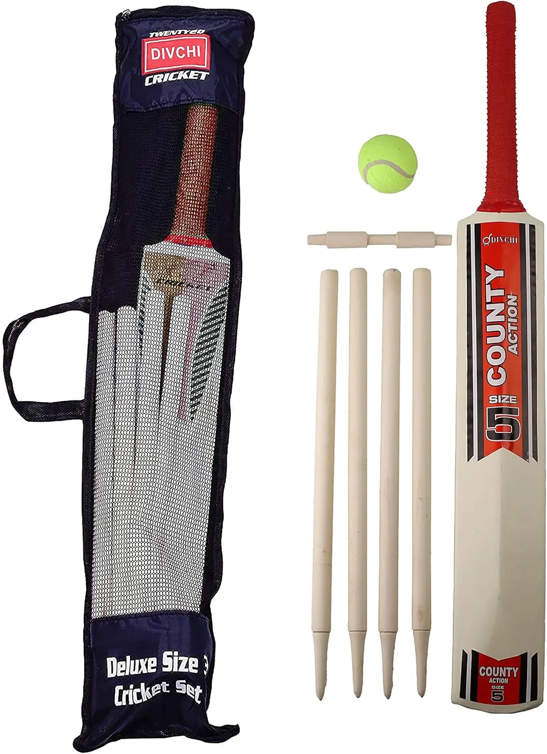 Bild von DIVCHI Cricket-Set in Netz-Tragetasche für Kinder von 8 bis 12 Jahren in den Größen 3 und 5