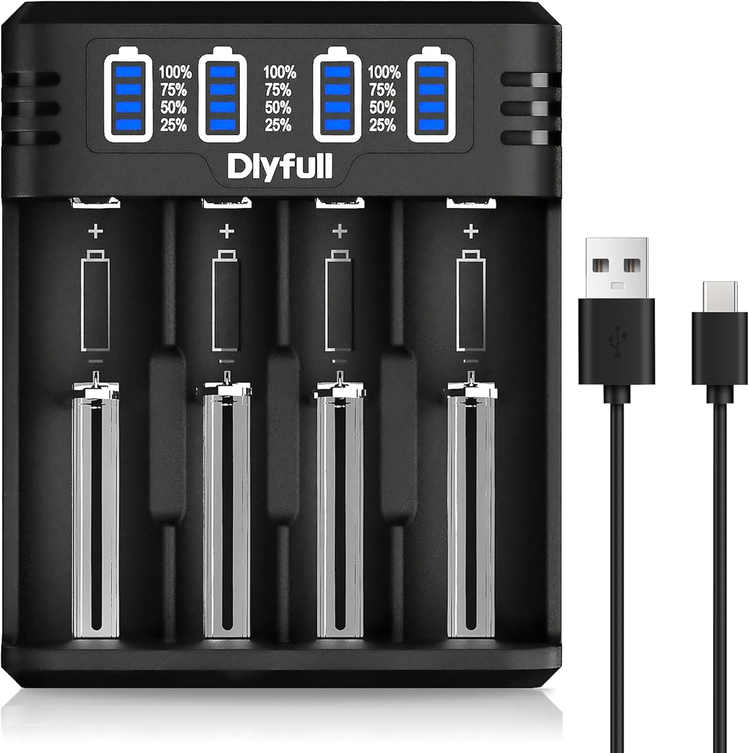 Bild von Dlyfull 4-fach Ladegerät für 18650 und andere Akkus mit LED Anzeige und USB-C Anschluss