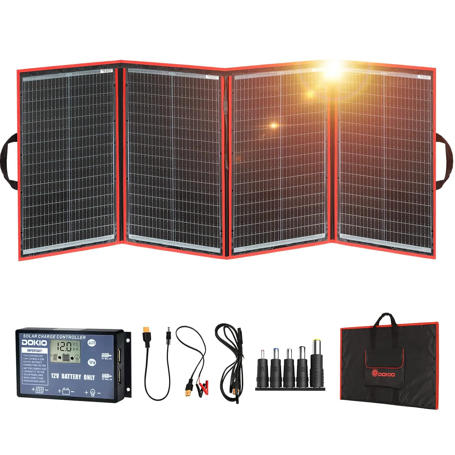 Bild von DOKIO 200W faltbares Solarpanel Kit mit LCD Anzeige, 2 USB Ausgängen und Kabel für 12V Batterien