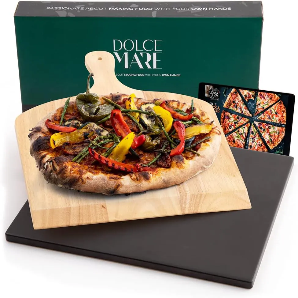 Bild von DOLCE MARE Pizzastein aus Cordierit mit Holz-Pizzaschieber für Backofen und Grill, ideal für knusprige Pizza und Brot