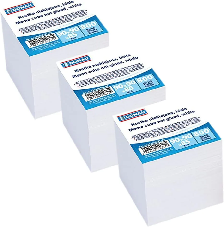Bild von DONAU Zettelbox mit 800 Blättern in Weiß, 90x90x85 mm, im 3er Pack, ökologisch und unverklebte Notizzettel