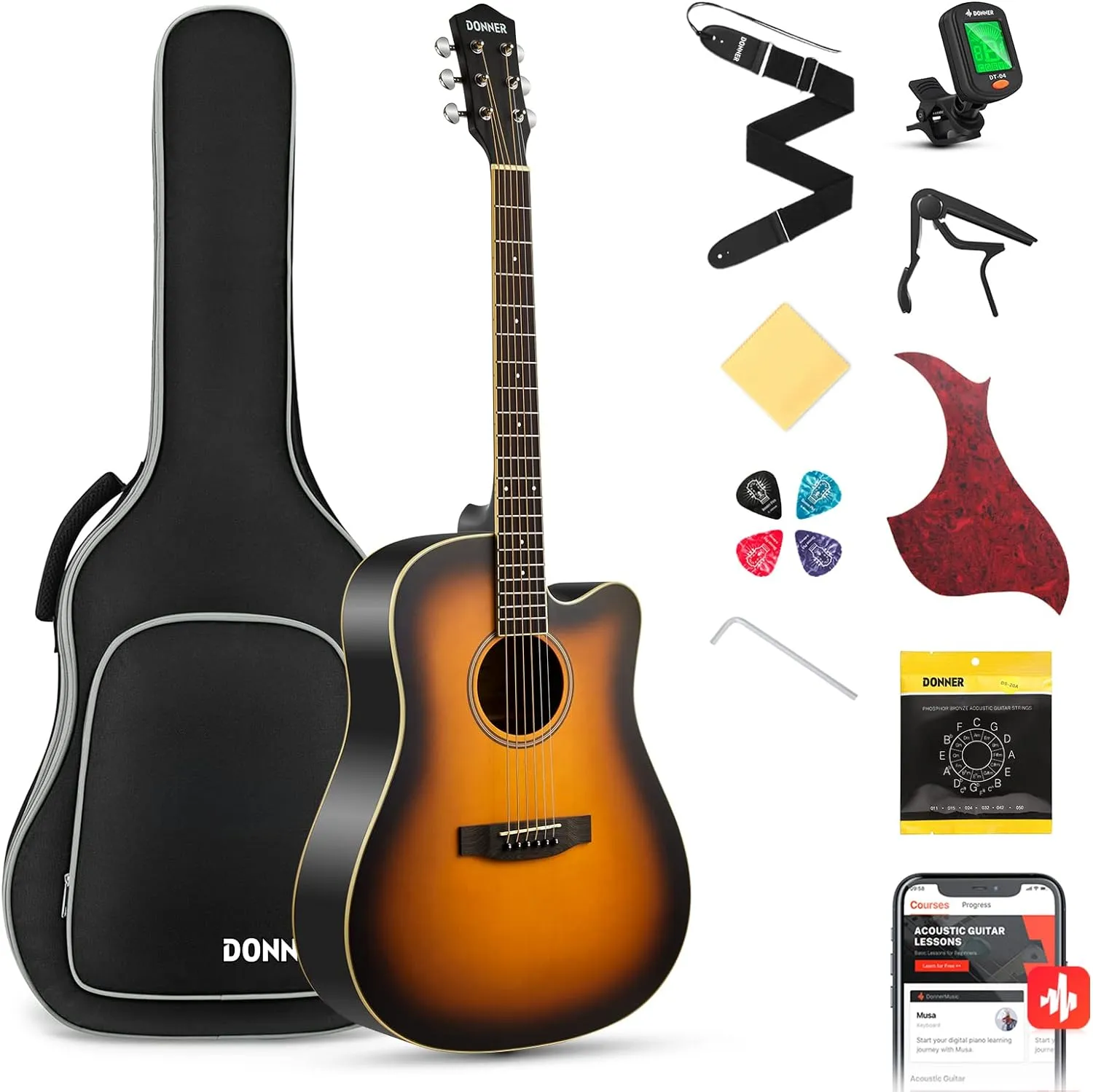 Bild von Donner Akustikgitarre 41 Zoll Dreadnought für Anfänger mit Cutaway und Zubehörset in Sunburst