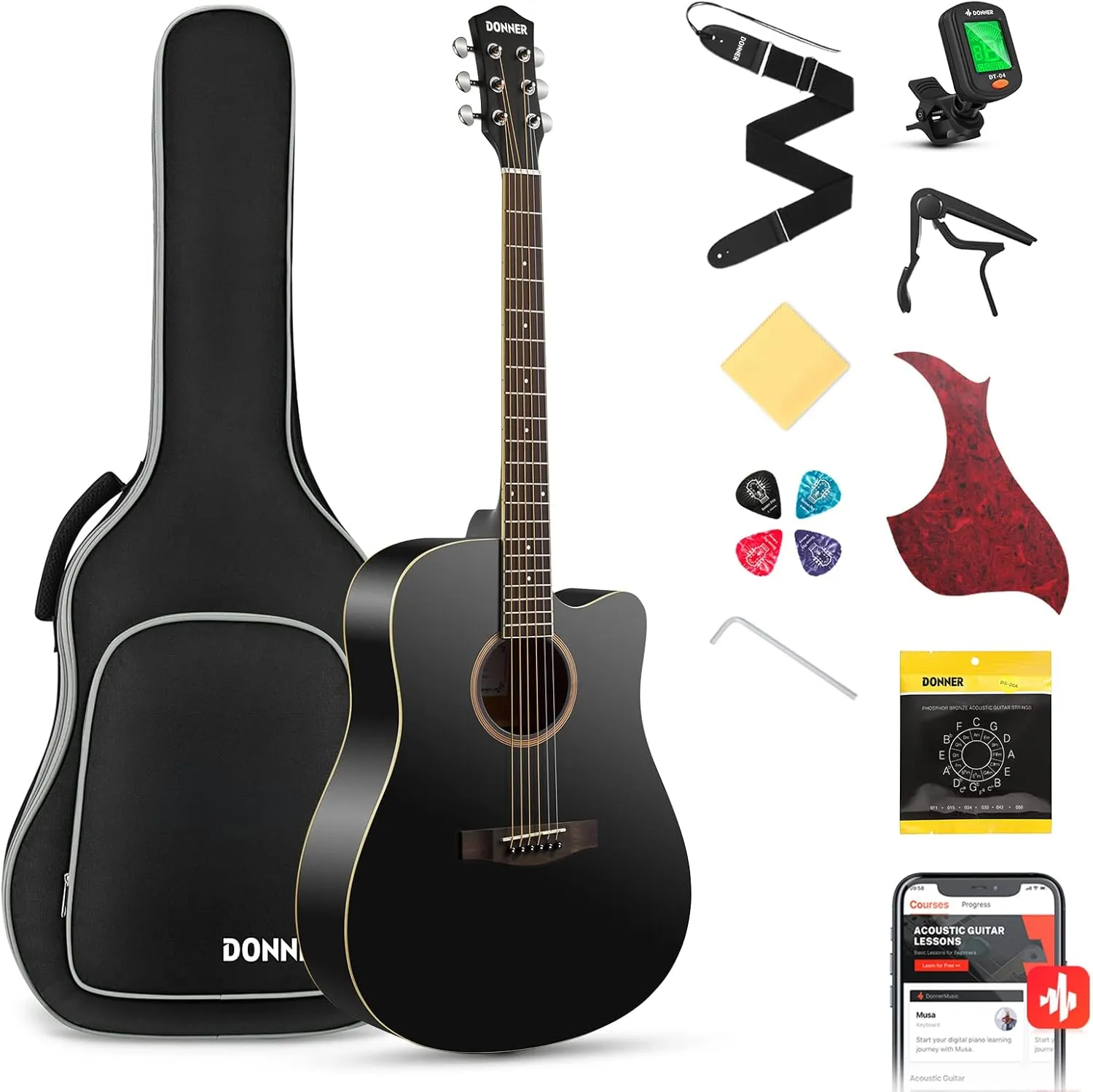 Bild von Donner Akustikgitarre Set 41 Zoll 4/4 Cutaway für Anfänger mit Gigbag, Capo, Plektren, Gurt und Saiten in Schwarz