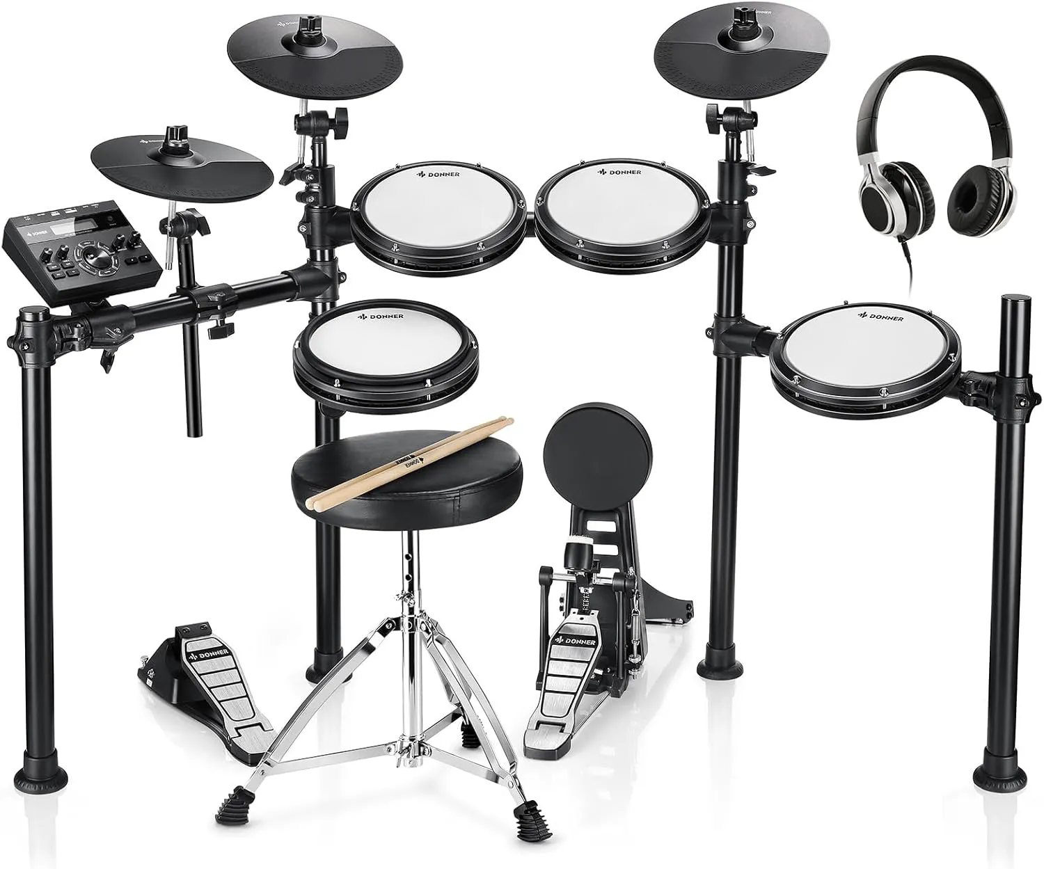 Bild von Donner DED-200 E-Drum-Set mit 450 Sounds und USB-MIDI, inklusive Drum Throne, Sticks, Kopfhörer und Audiokabel