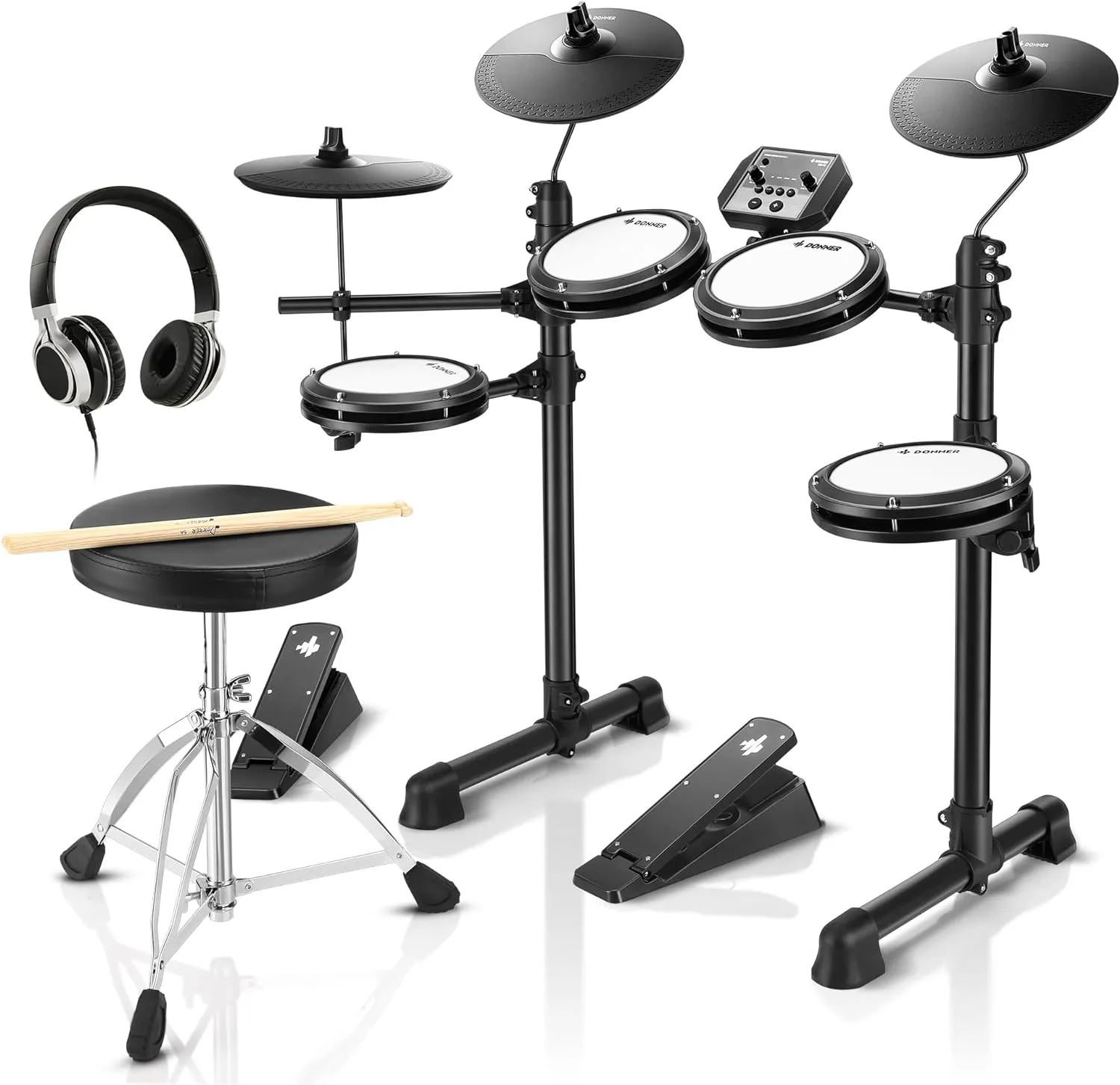 Bild von Donner DED-80 E-Drum-Set mit leisen Mesh-Fellen, 180 Sounds, robusten Pedalen, Drum-Thron, Sticks, Kopfhörern und 40 Melodic Lektionen