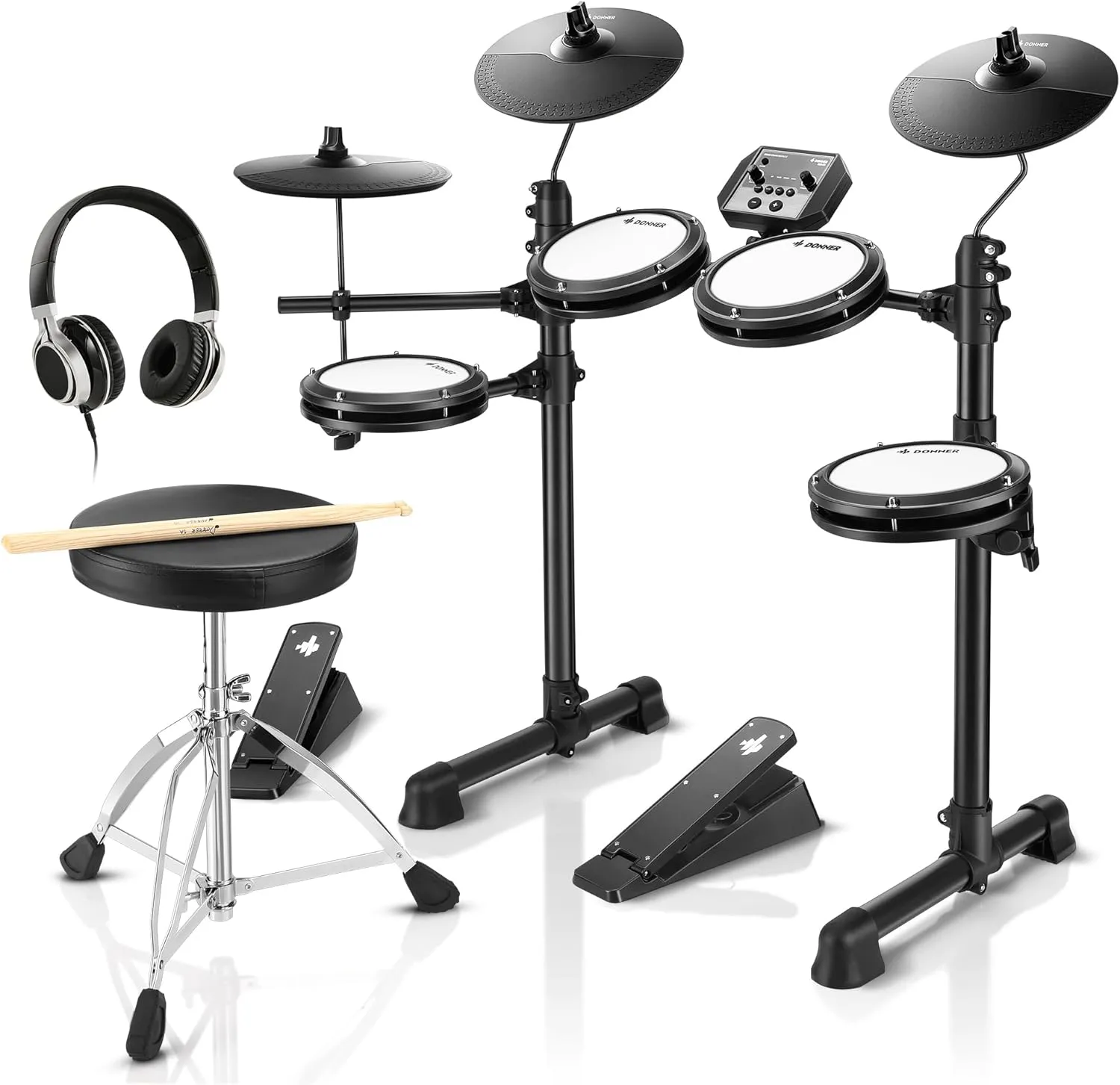 Bild von Donner DED-80 E-Drum-Set mit leisen Mesh-Pads, 180 Sounds, robusten Pedalen, Drum-Thron, Sticks, Kopfhörern und 40 Lektionen, leicht und tragbar