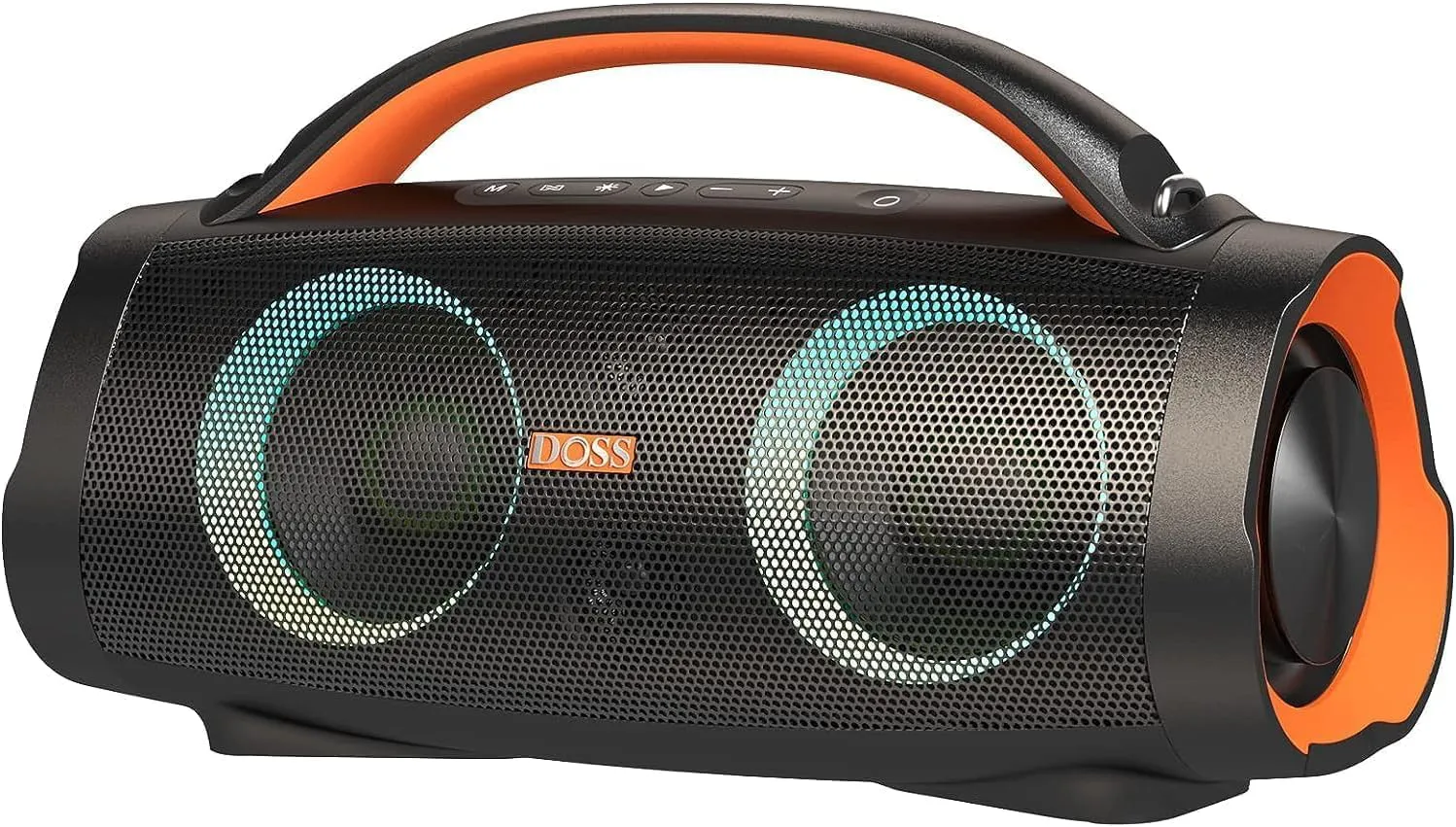 Bild von DOSS Extreme Boom Plus Bluetooth Lautsprecher mit 100W Stereo Sound und 10400mAh Powerbank in Orange, wasserdicht nach IP6, ideal für Outdoor-Aktivitäten