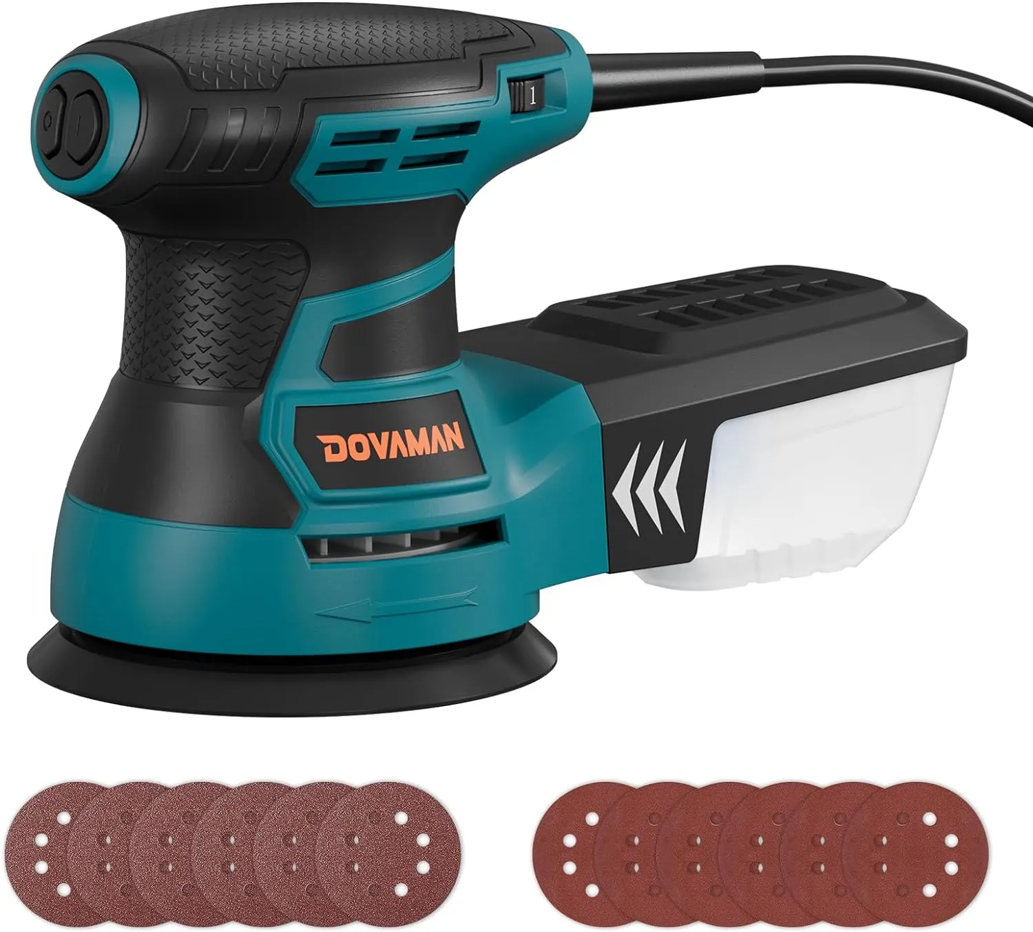 Bild von DOVAMAN ROS01A Exzenterschleifer mit 350W und 6 Geschwindigkeiten, inklusive 12 Schleifpapieren und Staubabsaugung, geeignet für Holz und Stahloberflächen