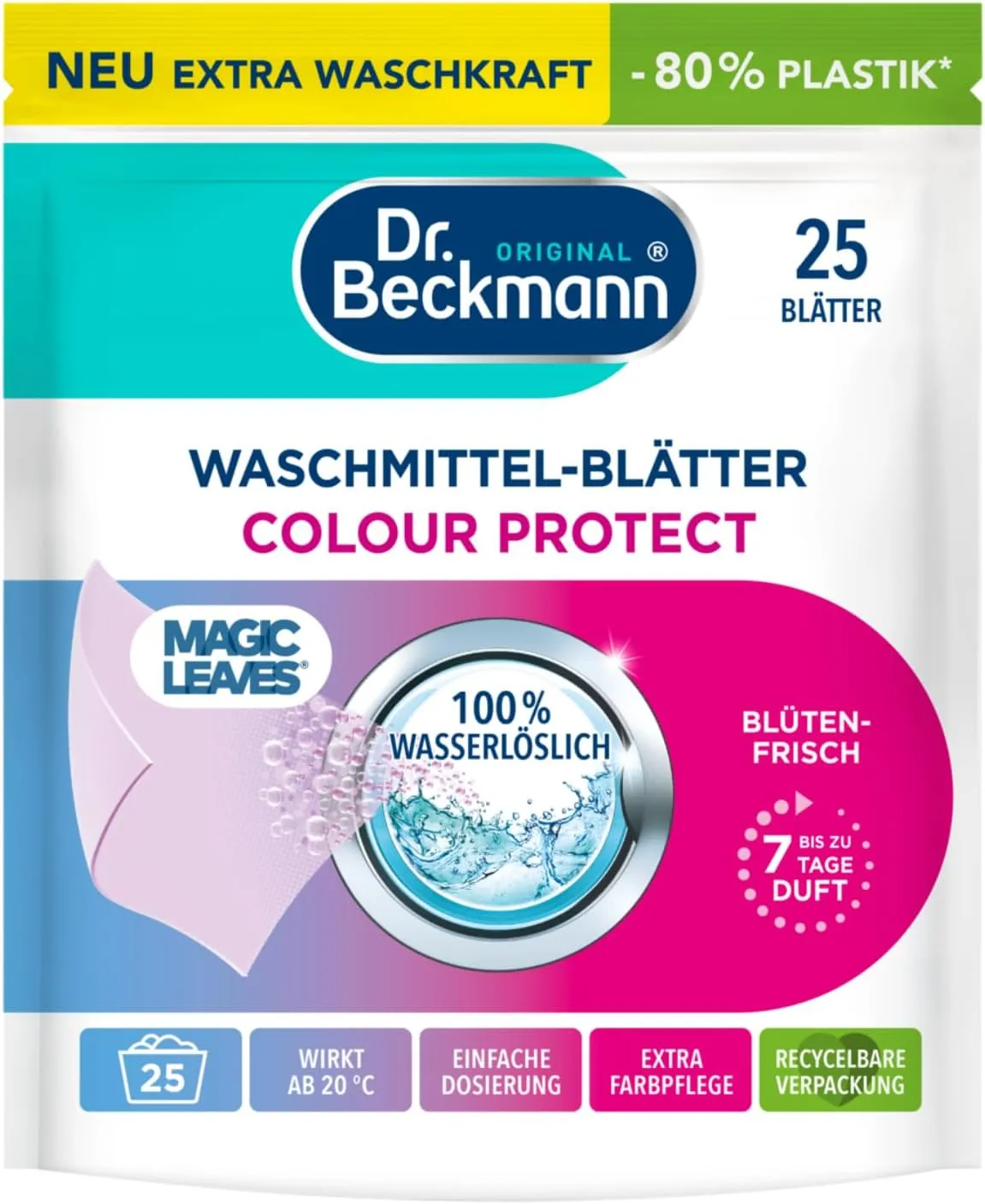 Bild von Dr. Beckmann Magic Leaves Waschmittelblätter für Farben mit 25 vordosierten und wasserlöslichen Blättern