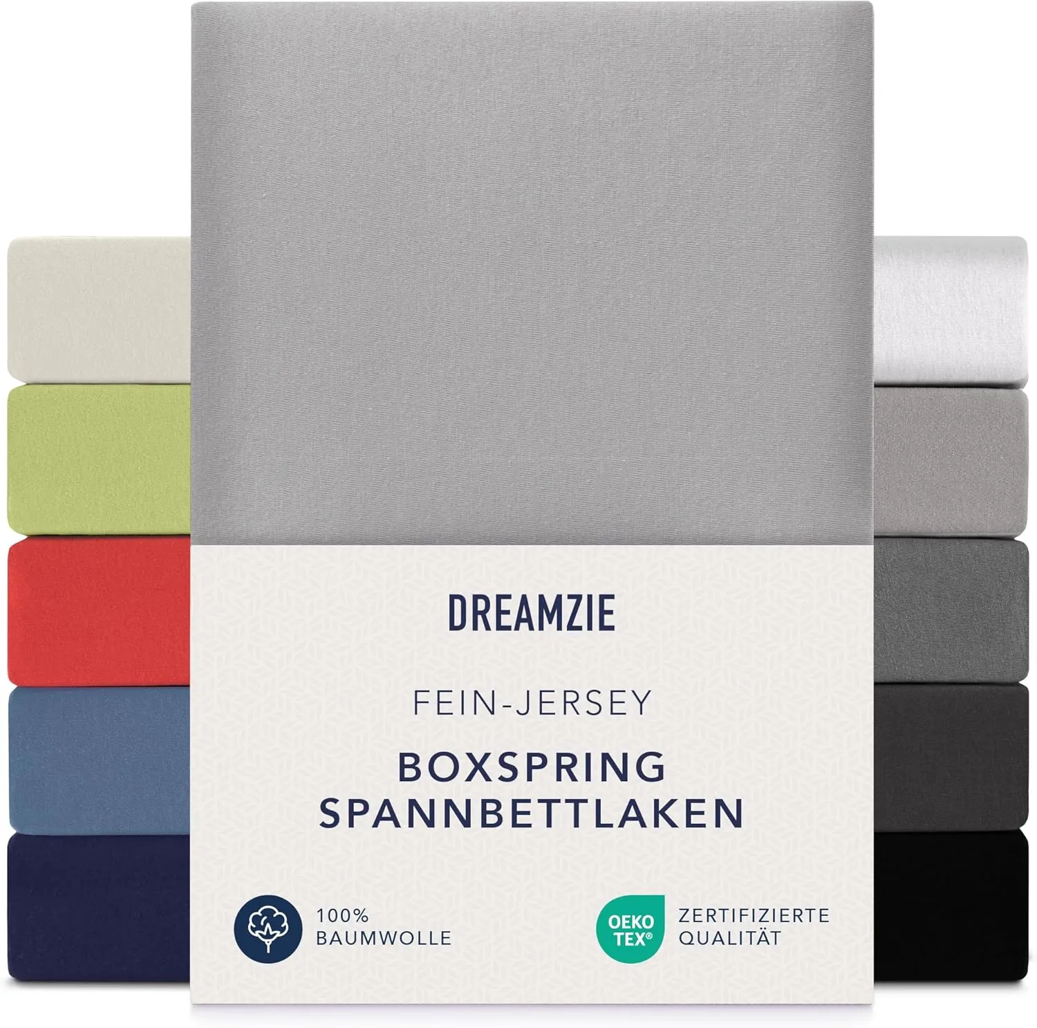 Bild von Dreamzie Premium Spannbettlaken in Grau für Boxspring- und Wasserbetten, 180x200 cm bis 200x200 cm, 37 cm Seitenhöhe, aus 100% Jersey Baumwolle, 150 g/m², Oeko-TEX zertifiziert
