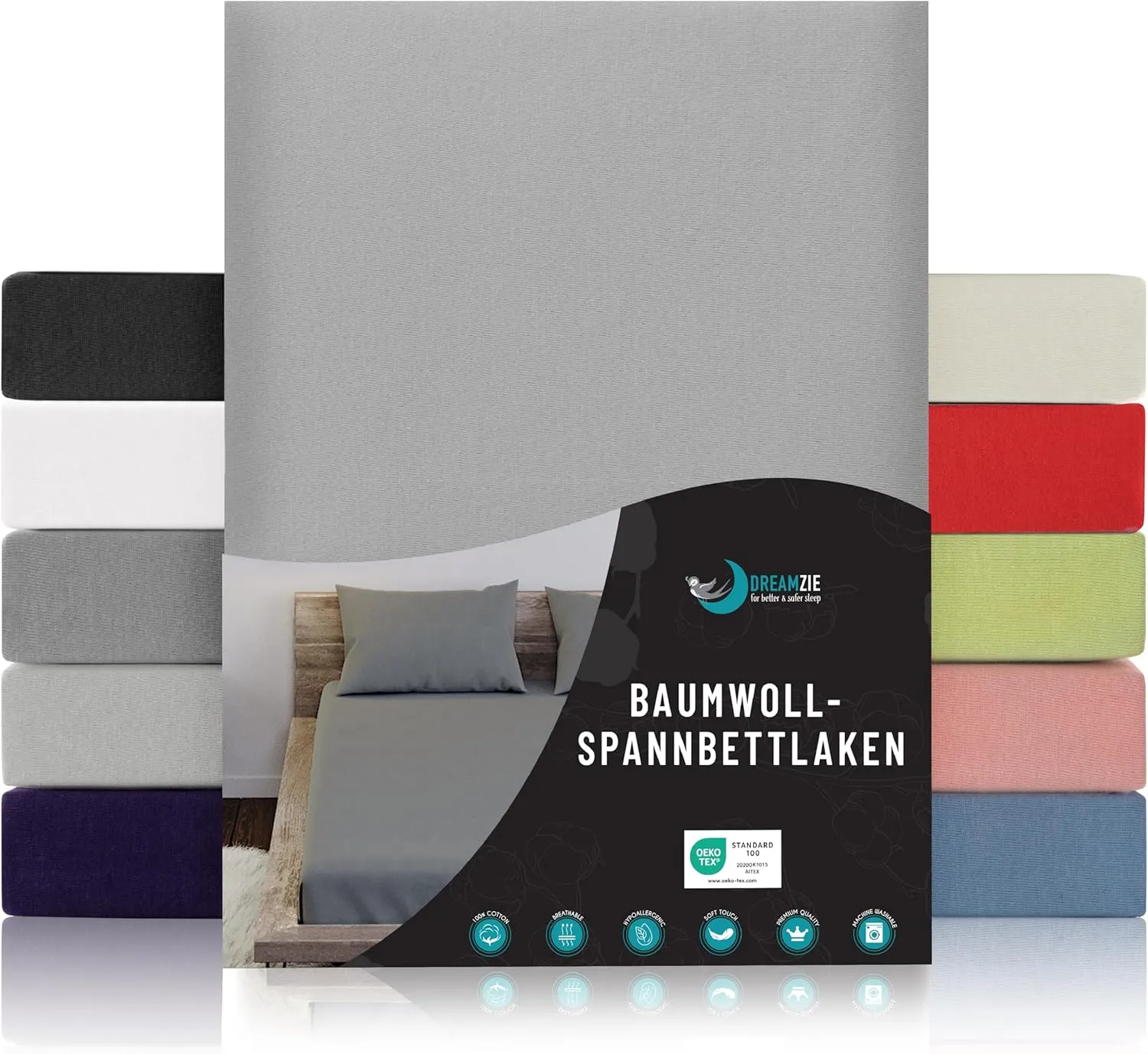 Bild von Dreamzie Spannbettlaken in Grau aus 100% Baumwolle mit Oeko Tex Zertifizierung, Größe 100x200 cm
