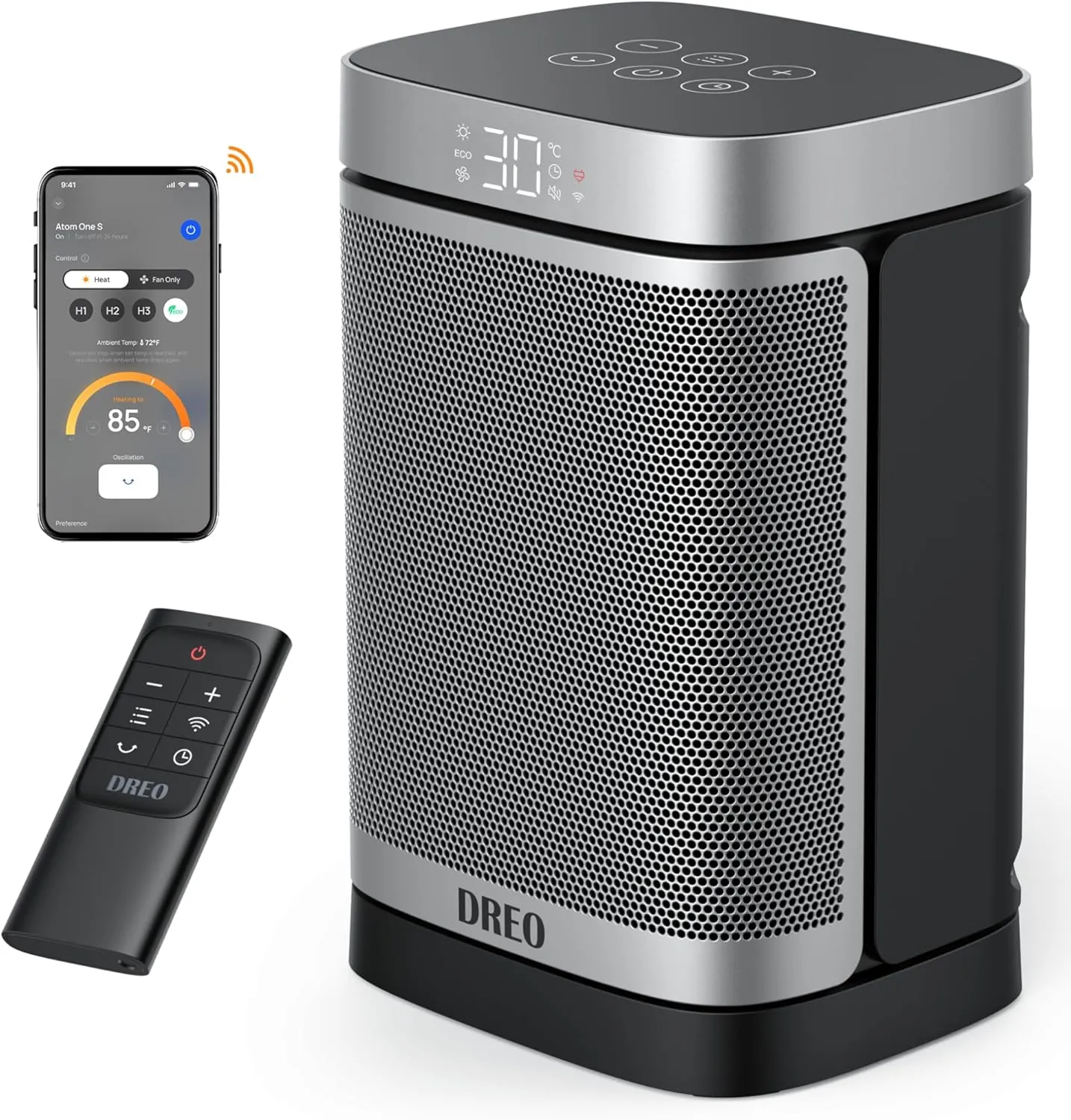 Bild von Dreo Atom One S Heizlüfter mit 1500 Watt, WLAN, Fernbedienung, 70 Grad Oszillation, 12 Stunden Timer und 3 Geschwindigkeitsmodi