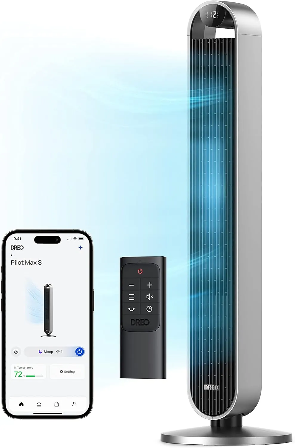 Bild von Dreo Smart Turmventilator Pilot Max S mit 106 cm Höhe, 25 dB leiser Betriebslautstärke, Fernbedienung, 120 Grad Oszillation, 12 Geschwindigkeiten, 4 Modi und 12 Stunden Timer