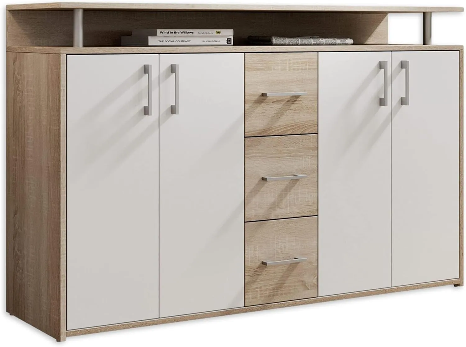 Bild von DRIFT Sideboard in Eiche Sonoma mit weißen Akzenten, moderne Kommode mit Schubladen und viel Stauraum, Maße 139 x 90 x 34 cm