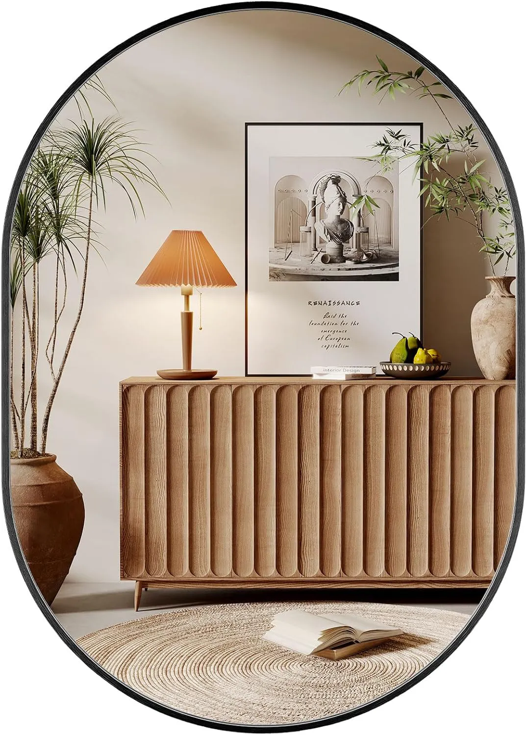 Bild von Dripex ovaler Wandspiegel 50 x 70 cm mit Aluminiumrahmen in Schwarz, dekorativ und unzerbrechlich für Badezimmer, Ankleidezimmer und Wohnzimmer
