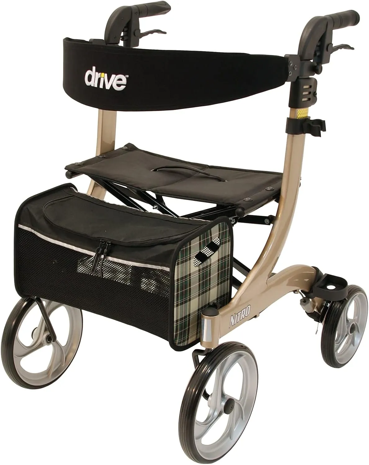 Bild von Drive Medical Nitro Rollator Größe L in Champagner für Innen und Außen mit Gepäcknetz, Stockhalter und Ankipphilfe