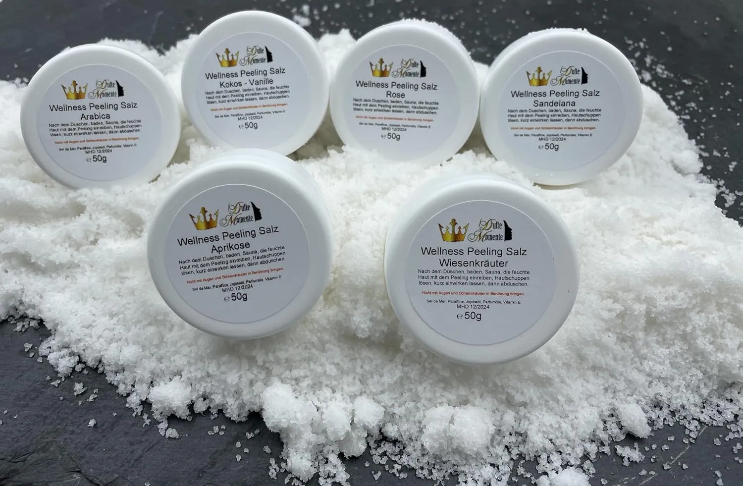 Bild von Dufte Momente Sauna Salz Peeling Probierset mit 6 x 50 g in den Düften Aprikose, Arabica, Kokos-Vanille, Rose, Sandelana und Wiesenkräuter