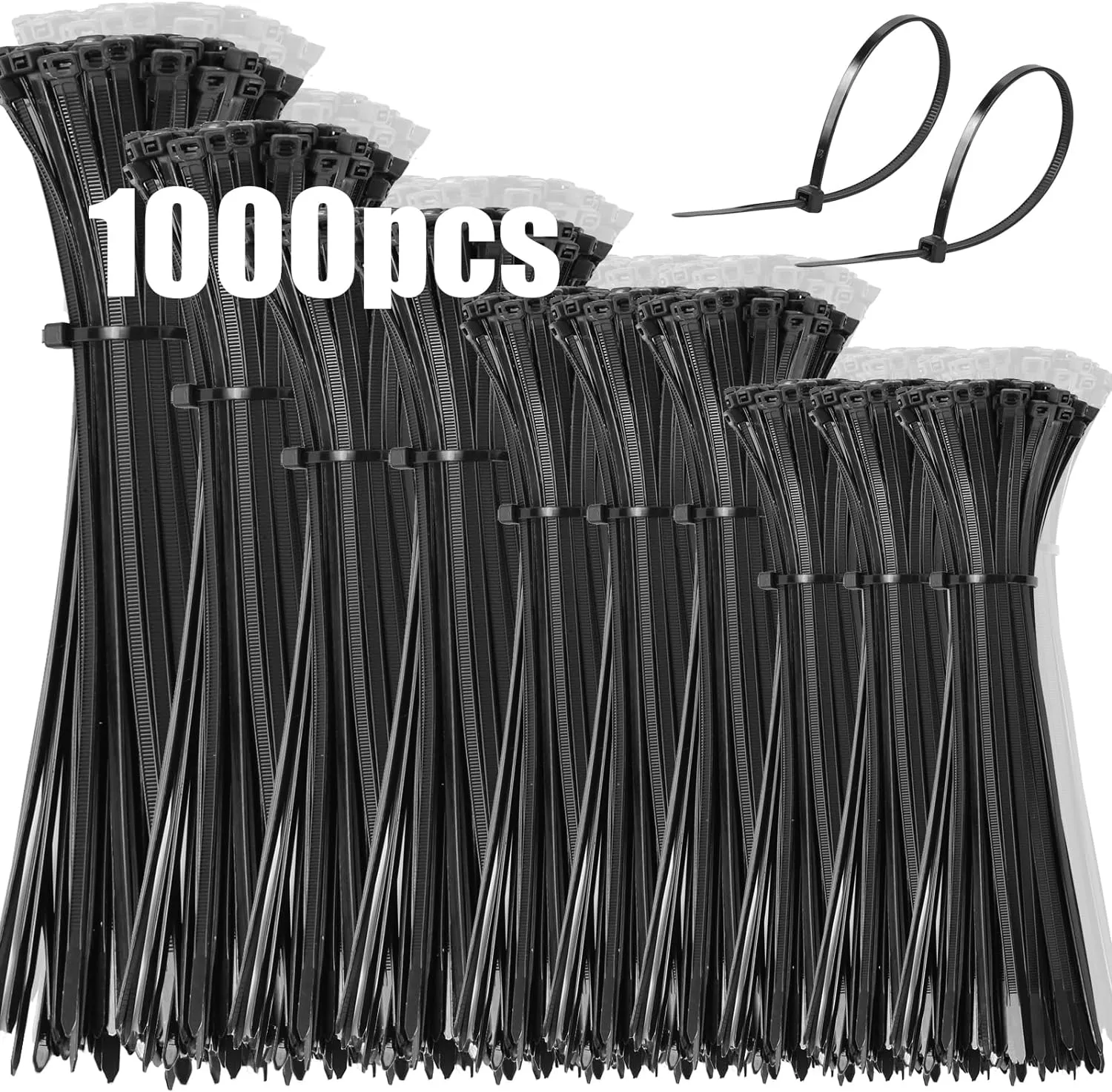 Bild von DUNSOO Kabelbinder Set mit 1000 Stück in verschiedenen Längen von 100 bis 300 mm, schwarz, UV-beständig und chemisch resistent