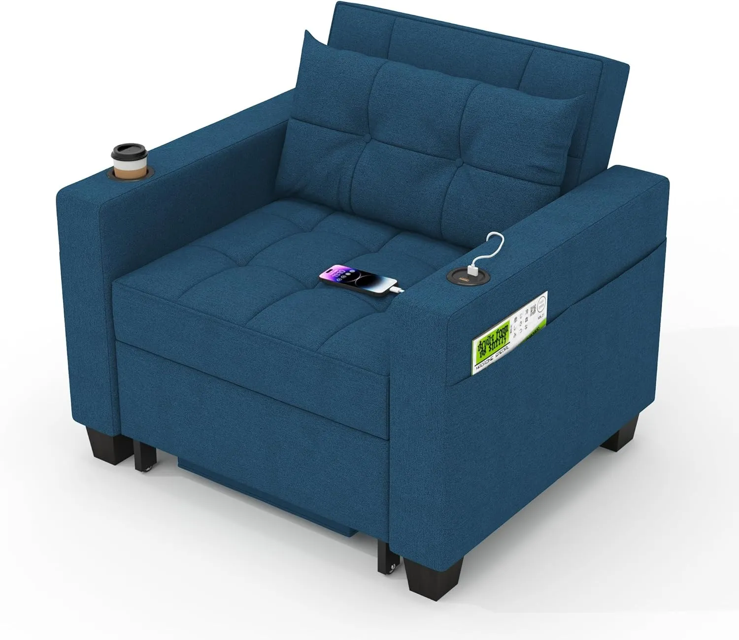 Bild von DURASPACE 3-in-1 Schlafsessel in Blau mit USB-Anschlüssen und Seitentaschen für kleine Räume