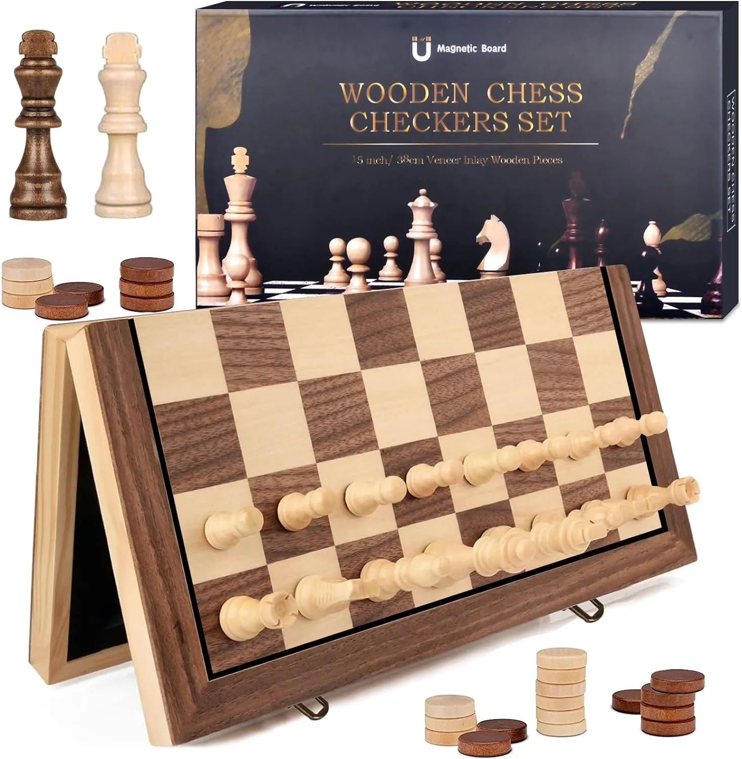 Bild von DYDHRER 2 in 1 tragbares Schachspiel aus hochwertigem Holz mit magnetischem Schachbrett in 39x39 cm, klappbar und ideal für Reisen und Familienaktivitäten