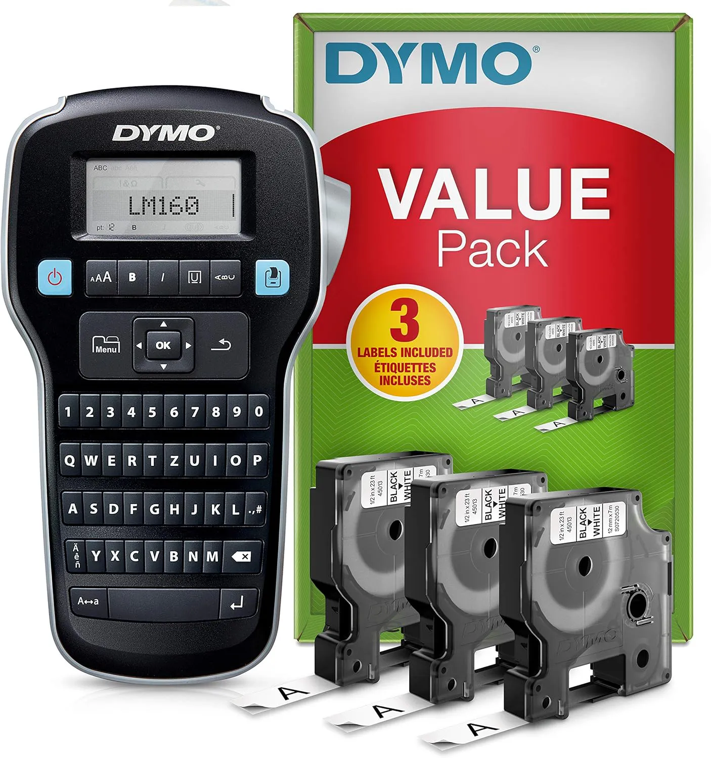 Bild von DYMO LabelManager 160 tragbares Beschriftungsgerät Starter-Set mit QWERTZ Tastatur und drei Rollen für D1 Etiketten in 6, 9 und 12 mm Breite