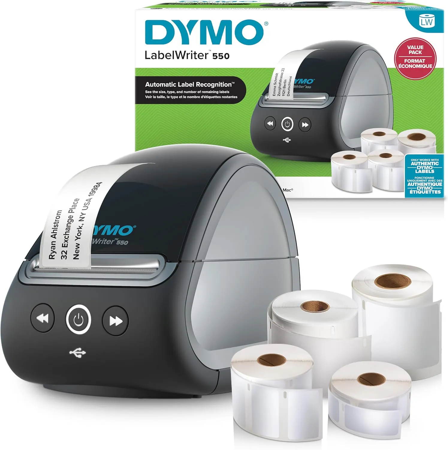 Bild von DYMO LabelWriter 550 Etikettendrucker mit 1320 Mehrzwecketiketten, 300 Namensschildetiketten und 160 Hochleistungsetiketten, inkl. EU-Stecker