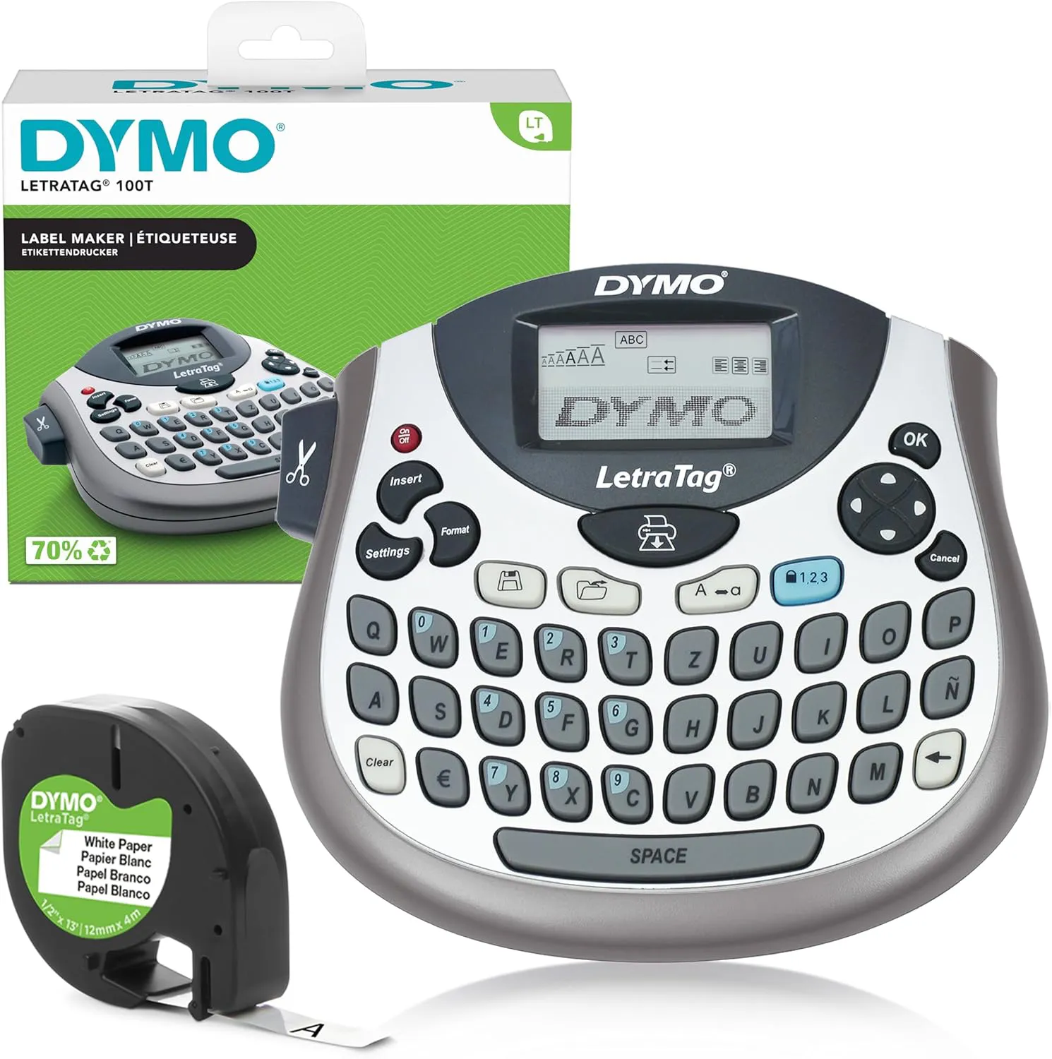 Bild von DYMO LetraTag LT-100T tragbares Etikettiergerät in Silber mit QWERTZ Tastatur, ideal für Büro und Zuhause