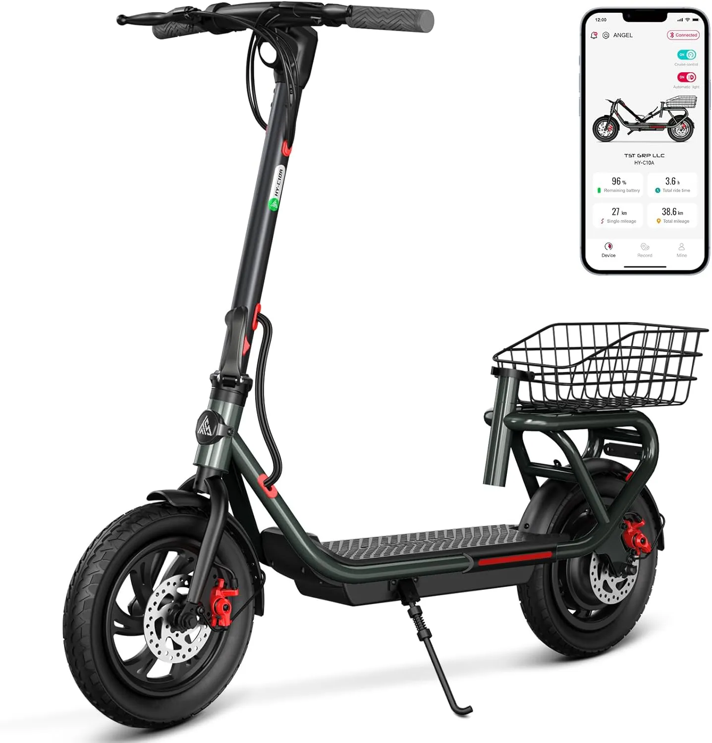 Bild von E Scooter mit 12 Zoll Reifen, 350W Motor, 36V 10.4AH Akku, 20 km/h, faltbar, mit App und abnehmbarem Korb