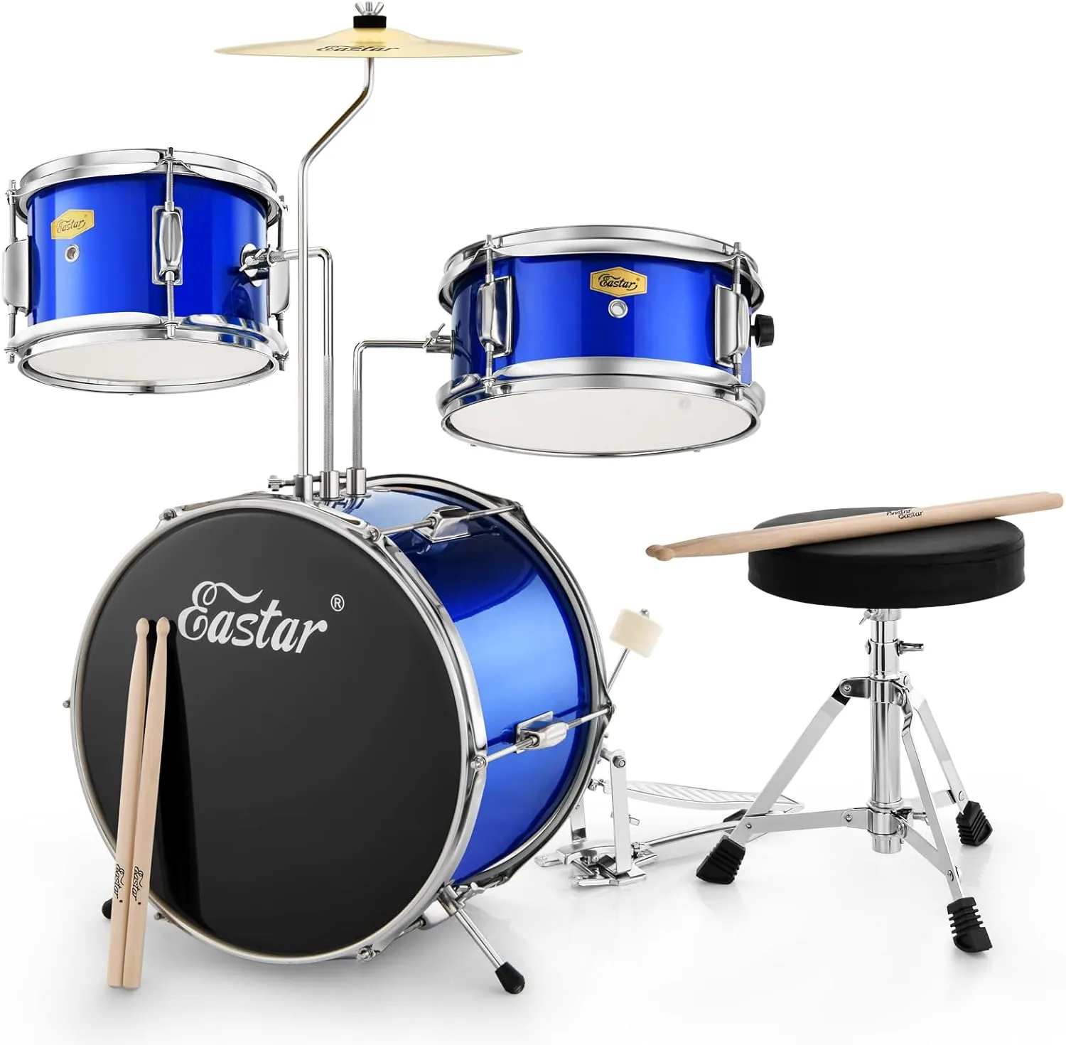 Bild von Eastar 14 Zoll Schlagzeug Set für Kinder von 3 bis 10 Jahren in Blau mit Snare, Tom, Bass Drum, Pedal, Thron, Becken und Drumsticks
