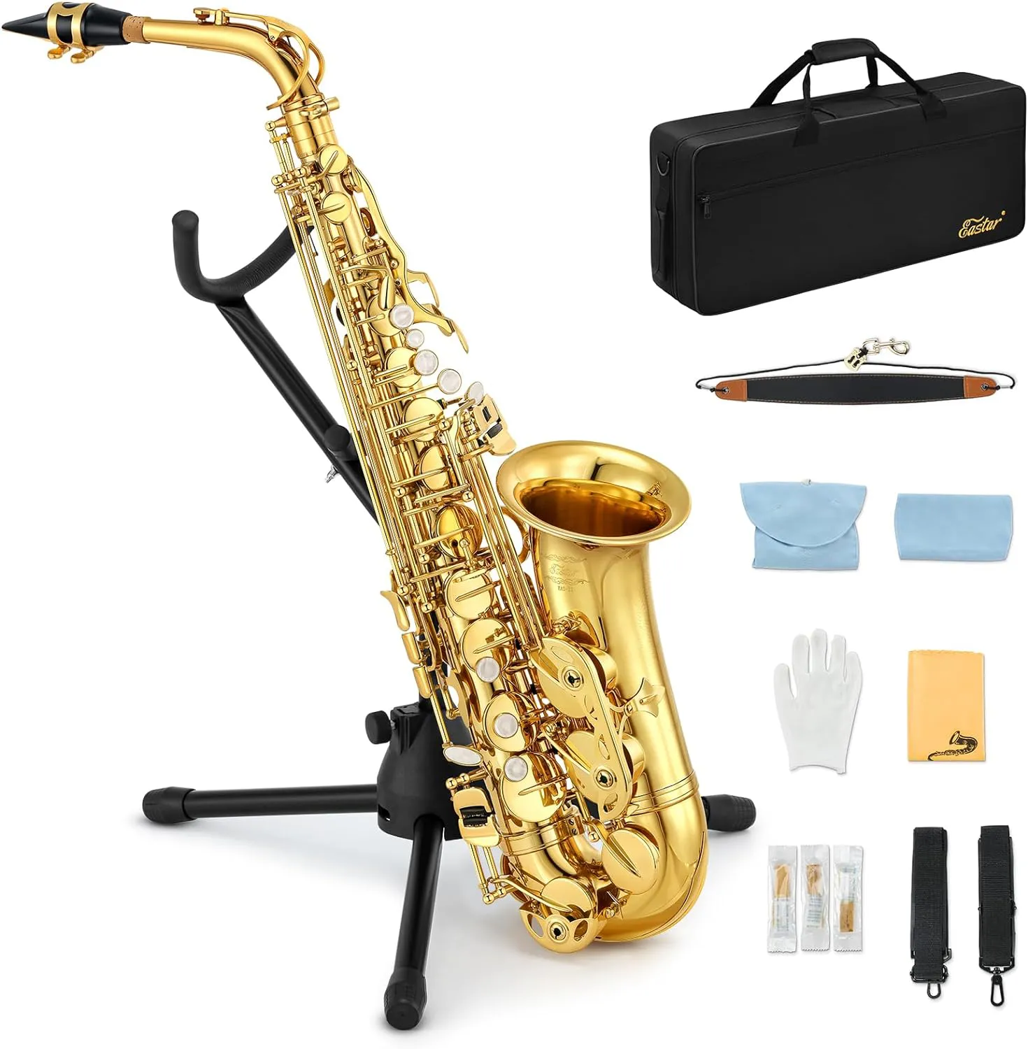 Bild von Eastar AS-II Altsaxophon in E Flat mit Goldlack im Komplettset inklusive Tragetasche, Mundstückriemen und Rohrblattständer
