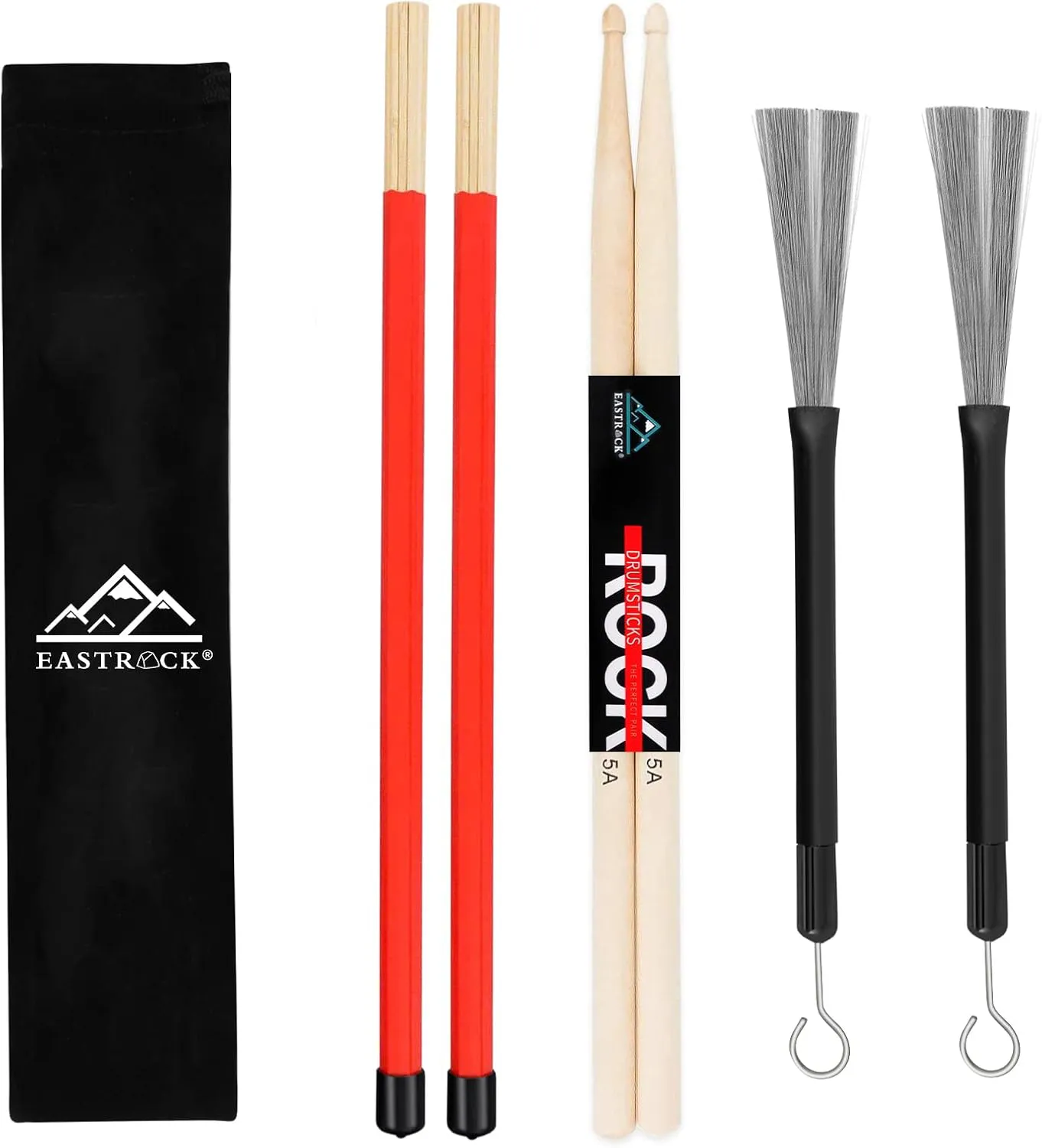 Bild von EastRock Drumsticks Set mit 5A Drumsticks, Drum Rods und einziehbarer Bürste in Aufbewahrungstasche