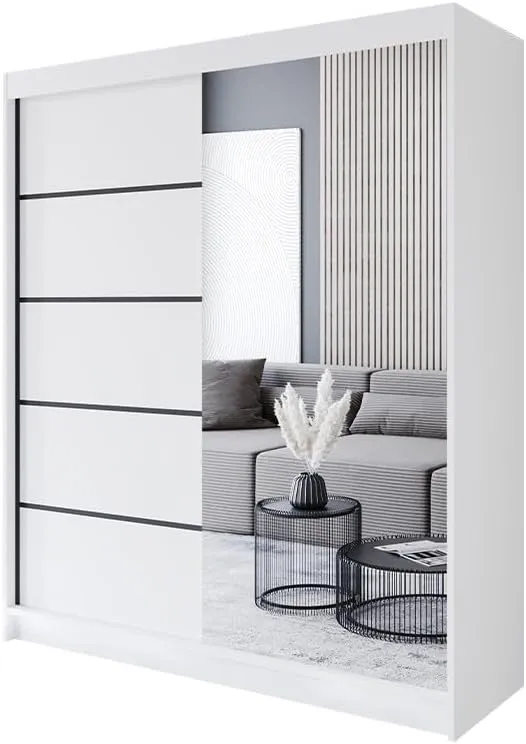 Bild von Easy4You P3 Kleiderschrank mit Schiebetüren und Spiegel in Weiß, 180 cm breit, 215 cm hoch und 58 cm tief