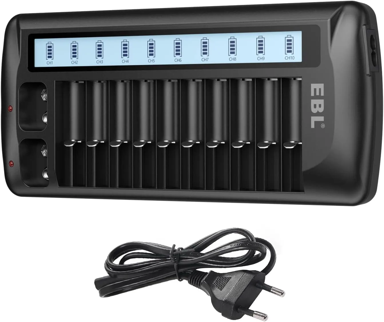 Bild von EBL 999 Universal Akkuladegerät für AA, AAA und 9V Batterien mit LCD Anzeige und 12 Ladefächern