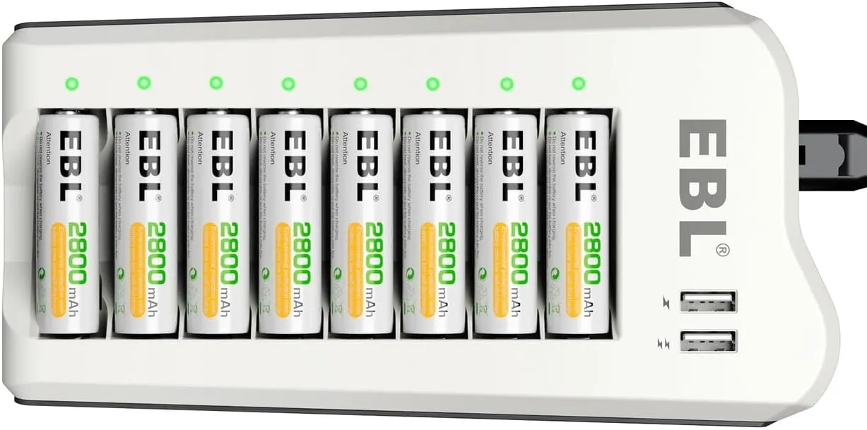 Bild von EBL Akku Ladegerät mit 8 AA Akkus 2800mAh und 2 USB Ports, LED Anzeige und Multischutz