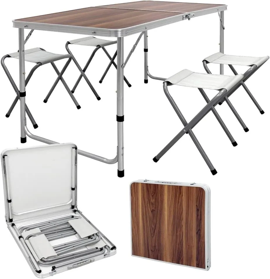 Bild von ECD Germany Campingtisch Set mit klappbarem Tisch und 4 Hockern, höhenverstellbar und aus Aluminium und MDF