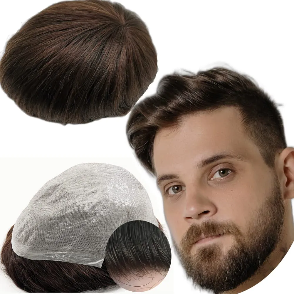 Bild von Echthaar Toupet für Männer in Tiefbraun mit glattem Haar und dünner PU-Haut, Größe 10x8 Zoll